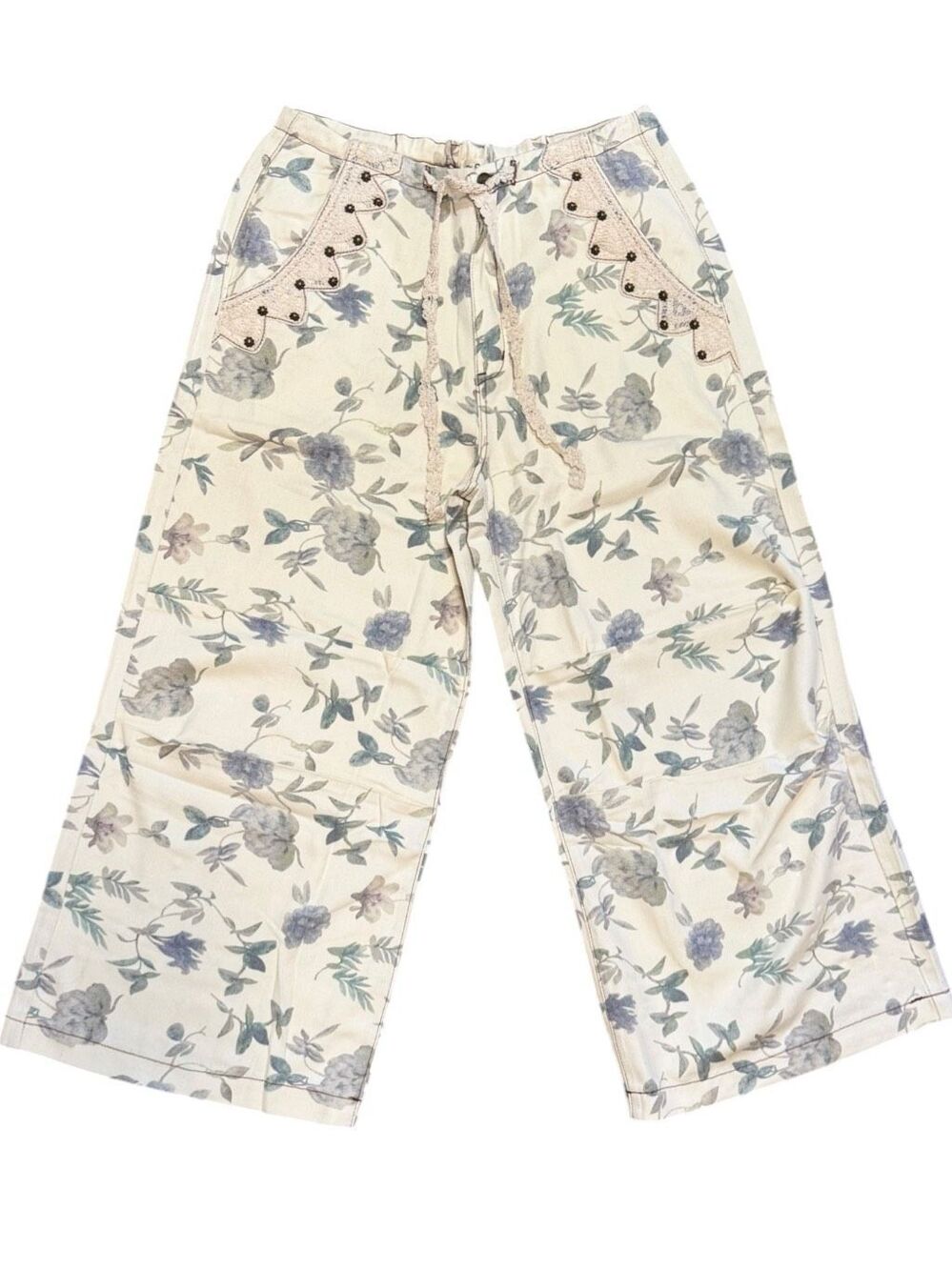 POL Cottagecore Floral Wide Leg Pants Boho Crochet Lace Studded Cotton Large - Picture 13 of 15